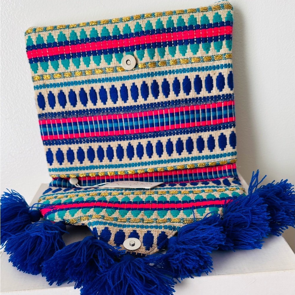 NWT Mudpie Multicolor Boho Tassel Clutch Purse Bag - Picture 3 of 5